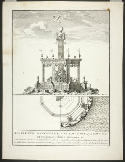 Plan och upphöjning av ett musikrum, plansch tre från Description des Festes Données par la Ville de Paris av Jacques François Blondel