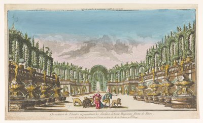 Utsikt över Circe .s trädgård Decoration de théatre, representativ les jardins de Circe (titel på objekt) av Jacques Gabriel Huquier