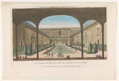 Utsikt över en innergård med fontäner av Alhambra i Granada Les bains des enciens rois Mores, en granat (titel på objekt) av Jacques Gabriel Huquier