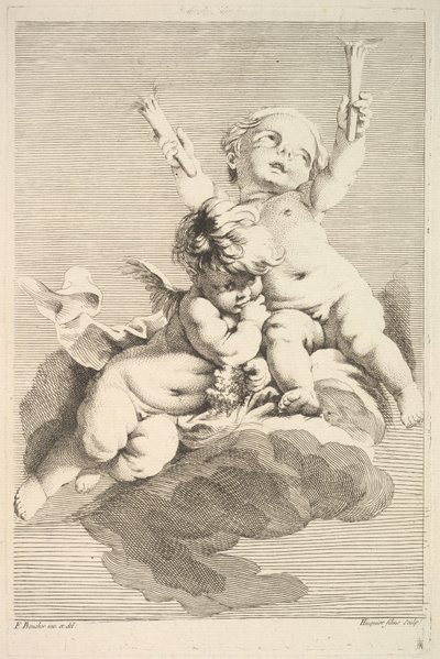 Two Cupids, One Holding Torches, mitten till slutet av 1700-talet. av Jacques Gabriel Huquier
