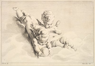 Two Cupids, One Holding a Ball, mitten till slutet av 1700-talet. av Jacques Gabriel Huquier