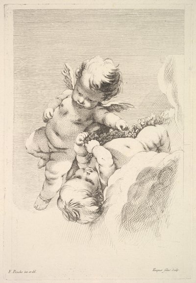 Two Cupids, One Holding a Wreath, mitten till slutet av 1700-talet. av Jacques Gabriel Huquier