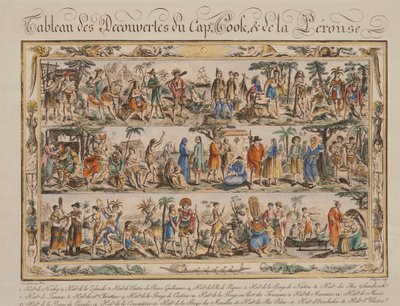 Uvumbuzi wa James Cook na Jean Francois de Galaup Comte de Laperouse katika karne ya 18, na Jacques Grasset de Saint Sauveur, nakshi za rangi av Jacques Grasset de Saint-Sauveur