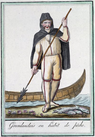 Grönländare i fiskeredskap - i "" Encyclopédie des voyages"" av Grasset Saint Sauveur, red. Paris 1796 av Jacques Grasset de Saint-Sauveur