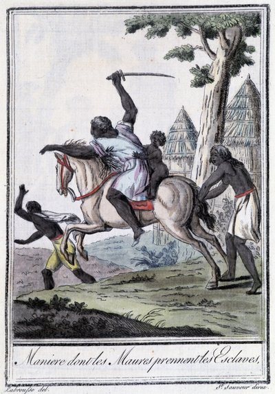 Hantera vems Moures tar slavar - i "" Encyclopédie des voyages"" av Grasset Saint Sauveur, red. Paris 1796 av Jacques Grasset de Saint-Sauveur