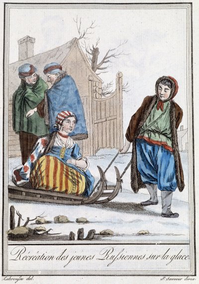 Rekreation av unga ryssar på en rodel (ryssar) - i "" Encyclopedia of Travels"" av Grasset Saint Sauveur, red. Paris 1796 av Jacques Grasset de Saint-Sauveur