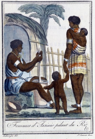 Women of Issinie dunkar på riset - i "" Encyclopedia of Travels"" av Grasset St Sauveur, red. 1796 av Jacques Grasset de Saint-Sauveur