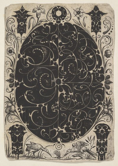 Oval fodral dekorerad med Schweifwerk i två varianter, omgiven av mindre motiv..., ca. 1614-19. av Jacques Hurtu