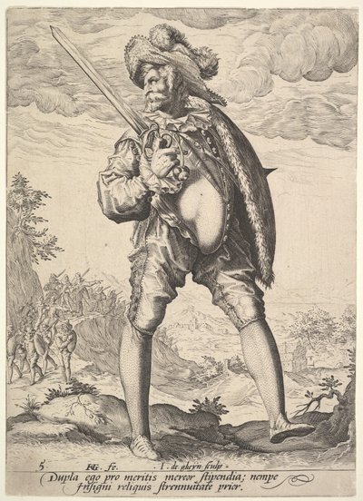 Soldat, beväpnad med bredsvärd och sköld, från officerare och soldater, 1587. av Jacques II de Gheyn