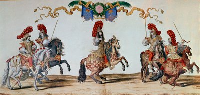 Karusell 1662: Kung Ludvig XIV och riddarna som deltar i karusellen 1662 i Paris (gravyr) av Jacques I Bailly