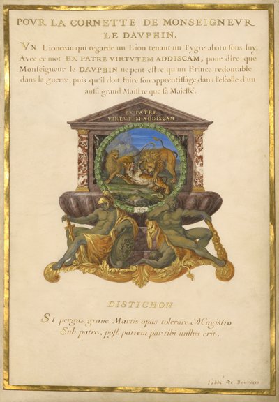 Ms. 11 (4) f.5, Emblem för Ludvig XIV, c.1663-68 (gouache & guld på pergament) av Jacques I Bailly