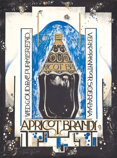 Affisch med reklam för aprikosbrännvin, för vin- och sherryförsäljaren Oud, ca 1920 (färg litho) av Jacques Jongert