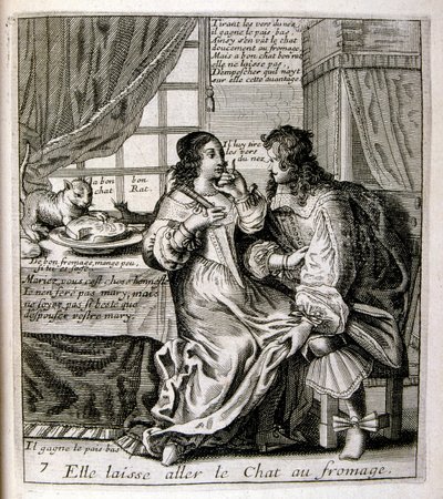 1600-talsgravyr ur en samling ordspråk. Paris 1657-1663. Av Jacques Lagniet (1620-1675). Fransk gravör. Från honom många samhällskritiska gravyrer och hånbilder som t.ex. hans ibland groteska och fantastiska illustrationer av Jacques Lagniet