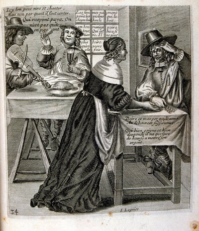 1600-talsgravyr ur en samling ordspråk. Paris 1657-1663. Av Jacques Lagniet (1620-1675). Fransk gravör. Från honom många samhällskritiska gravyrer och hånbilder som t.ex. hans ibland groteska och fantastiska illustrationer av Jacques Lagniet