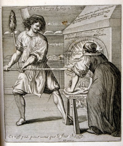 1600-talsgravyr ur en samling ordspråk. Paris 1657-1663. Av Jacques Lagniet (1620-1675). Fransk gravör. Från honom många samhällskritiska gravyrer och hånbilder som t.ex. hans ibland groteska och fantastiska illustrationer av Jacques Lagniet