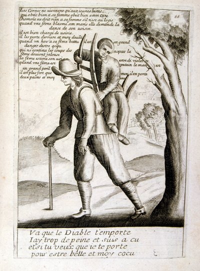 1600-talsgravyr ur en samling ordspråk. Paris 1657-1663. Av Jacques Lagniet (1620-1675). Fransk gravör. Från honom många samhällskritiska gravyrer och hånbilder som t.ex. hans ibland groteska och fantastiska illustrationer av Jacques Lagniet