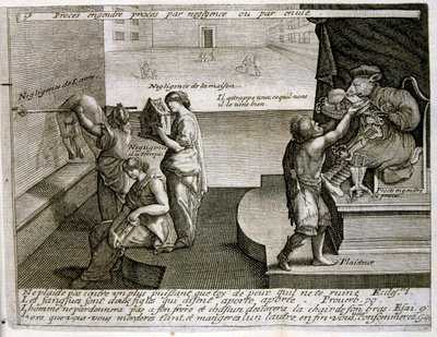 1600-talsgravyr ur en samling ordspråk. Paris 1657-1663. Av Jacques Lagniet (1620-1675). Fransk gravör. Från honom många samhällskritiska gravyrer och hånbilder som t.ex. hans ibland groteska och fantastiska illustrationer av Jacques Lagniet