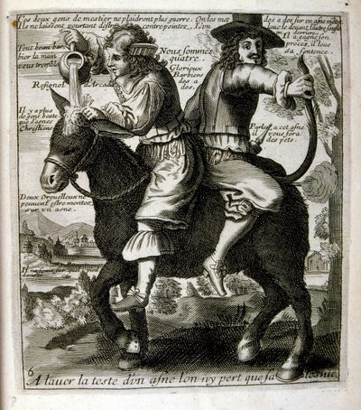1600-talsgravyr ur en samling ordspråk. Paris 1657-1663. Av Jacques Lagniet (1620-1675). Fransk gravör. Från honom många samhällskritiska gravyrer och hånbilder som t.ex. hans ibland groteska och fantastiska illustrationer av Jacques Lagniet
