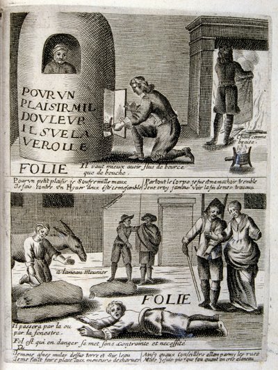 1600-talsgravyr ur en samling ordspråk. Paris 1657-1663. Av Jacques Lagniet (1620-1675). Fransk gravör. Från honom många samhällskritiska gravyrer och hånbilder som t.ex. hans ibland groteska och fantastiska illustrationer av Jacques Lagniet
