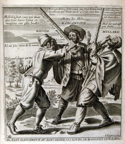 1600-talsgravyr ur en samling ordspråk. Paris 1657-1663. Av Jacques Lagniet (1620-1675). Fransk gravör. Från honom många samhällskritiska gravyrer och hånbilder som t.ex. hans ibland groteska och fantastiska illustrationer av Jacques Lagniet