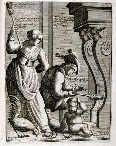 1600-talsgravyr ur en samling ordspråk. Paris 1657-1663. Av Jacques Lagniet (1620-1675). Fransk gravör. Från honom många samhällskritiska gravyrer och hånbilder som t.ex. hans ibland groteska och fantastiska illustrationer av Jacques Lagniet