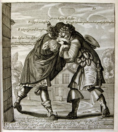 1600-talsgravyr ur en samling ordspråk. Paris 1657-1663. Av Jacques Lagniet (1620-1675). Fransk gravör. Från honom många samhällskritiska gravyrer och hånbilder som t.ex. hans ibland groteska och fantastiska illustrationer av Jacques Lagniet