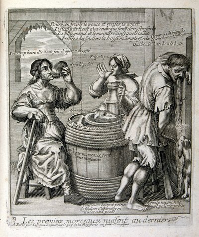 1600-talsgravyr ur en samling ordspråk. Paris 1657-1663. Av Jacques Lagniet (1620-1675). Fransk gravör. Från honom många samhällskritiska gravyrer och hånbilder som t.ex. hans ibland groteska och fantastiska illustrationer av Jacques Lagniet