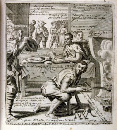 1600-talsgravyr ur en samling ordspråk. Paris 1657-1663. Av Jacques Lagniet (1620-1675). Fransk gravör. Från honom många samhällskritiska gravyrer och hånbilder som t.ex. hans ibland groteska och fantastiska illustrationer av Jacques Lagniet