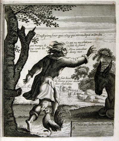 1600-talsgravyr ur en samling ordspråk. Paris 1657-1663. Av Jacques Lagniet (1620-1675). Fransk gravör. Från honom många samhällskritiska gravyrer och hånbilder som t.ex. hans ibland groteska och fantastiska illustrationer av Jacques Lagniet