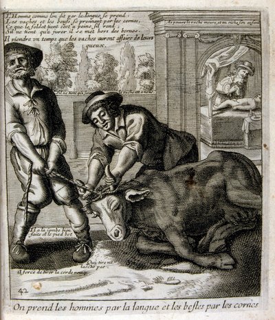 1600-talsgravyr ur en samling ordspråk. Paris 1657-1663. Av Jacques Lagniet (1620-1675). Fransk gravör. Från honom många samhällskritiska gravyrer och hånbilder som t.ex. hans ibland groteska och fantastiska illustrationer av Jacques Lagniet