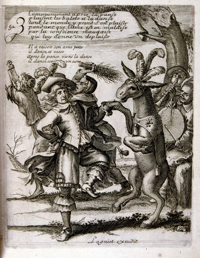 1600-talsgravyr ur en samling ordspråk. Paris 1657-1663. Av Jacques Lagniet (1620-1675). Fransk gravör. Från honom många samhällskritiska gravyrer och hånbilder som t.ex. hans ibland groteska och fantastiska illustrationer av Jacques Lagniet
