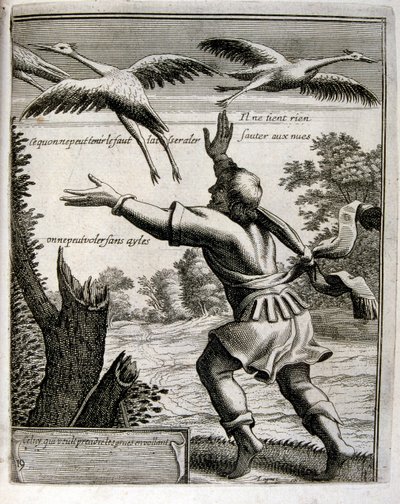 1600-talsgravyr ur en samling ordspråk. Paris 1657-1663. Av Jacques Lagniet (1620-1675). Fransk gravör. Från honom många samhällskritiska gravyrer och hånbilder som t.ex. hans ibland groteska och fantastiska illustrationer av Jacques Lagniet