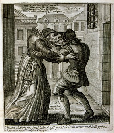1600-talsgravyr ur en samling ordspråk. Paris 1657-1663. Av Jacques Lagniet (1620-1675). Fransk gravör. Från honom många samhällskritiska gravyrer och hånbilder som t.ex. hans ibland groteska och fantastiska illustrationer av Jacques Lagniet