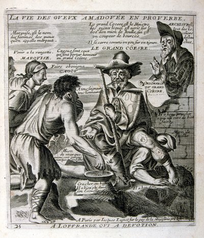 1600-talsgravyr ur en samling ordspråk. Paris 1657-1663. Av Jacques Lagniet (1620-1675). Fransk gravör. Från honom många samhällskritiska gravyrer och hånbilder som t.ex. hans ibland groteska och fantastiska illustrationer av Jacques Lagniet