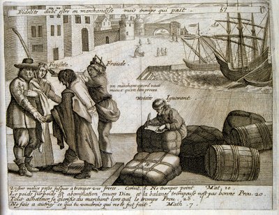 1600-talsgravyr ur en samling ordspråk. Paris 1657-1663. Av Jacques Lagniet (1620-1675). Fransk gravör. Från honom många samhällskritiska gravyrer och hånbilder som t.ex. hans ibland groteska och fantastiska illustrationer av Jacques Lagniet