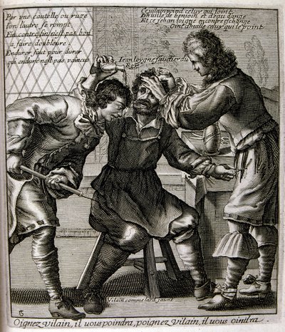 1600-talsgravyr ur en samling ordspråk. Paris 1657-1663. Av Jacques Lagniet (1620-1675). Fransk gravör. Från honom många samhällskritiska gravyrer och hånbilder som t.ex. hans ibland groteska och fantastiska illustrationer av Jacques Lagniet
