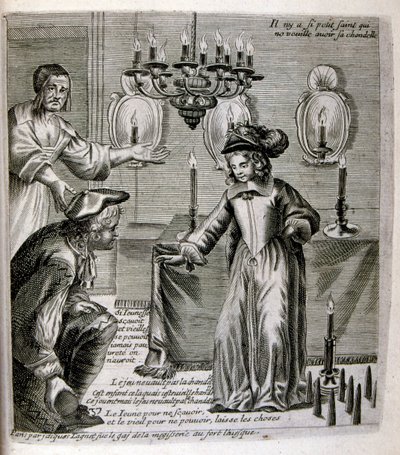 1600-talsgravyr ur en samling ordspråk. Paris 1657-1663. Av Jacques Lagniet (1620-1675). Fransk gravör. Från honom många samhällskritiska gravyrer och hånbilder som t.ex. hans ibland groteska och fantastiska illustrationer av Jacques Lagniet