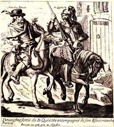 Don Quijote på Rossinante, åtföljd av Sancho Panca på sin åsna Grison, ca 1640 (illustration) av Jacques Lagniet