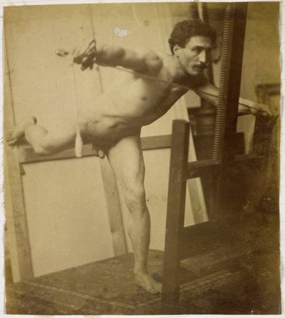 Studie av en naken manlig modell, framåtlutad med höger ben bakåt, i Jacques de Lalaings studio av Jacques Lalaing (attributed to)