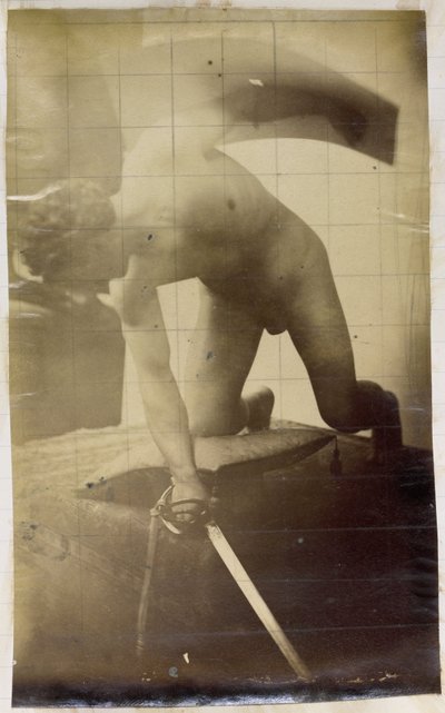 Studie av en manlig nakenmodell, på knäna med ett svärd och en sköld i händerna, i Jacques de Lalaings verkstad av Jacques Lalaing (attributed to)