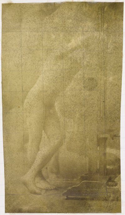 Studie av en manlig nakenmodell, stående och lutad mot ett staffli, i Jacques de Lalaings studio av Jacques Lalaing (attributed to)