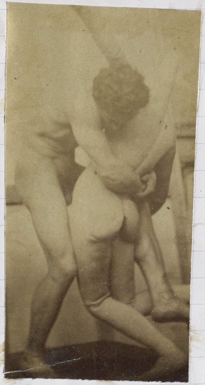 Studie av en manlig nakenmodell, som står och brottas med en skyltdocka, i Jacques de Lalaings ateljé, möjligen förstudie till målningen The Wrestlers av Jacques Lalaing (attributed to)
