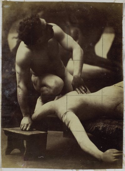 Studie av en manlig nakenmodell som brottas med en skyltdocka i Jacques de Lalaings studio av Jacques Lalaing (attributed to)
