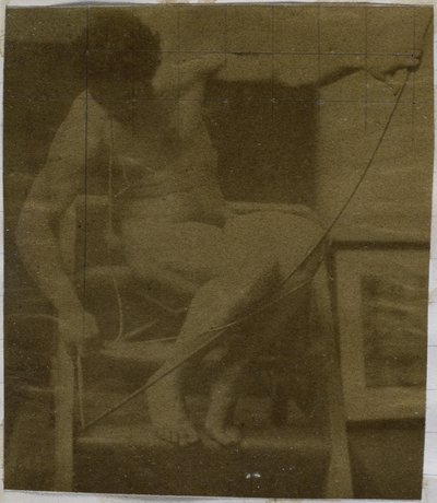 Studie av en manlig nakenmodell sittande på ett trappsteg, sedd framifrån med ett rep och rosett i knäet, i Jacques de Lalaings studio av Jacques Lalaing (attributed to)