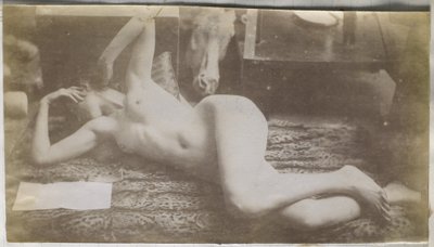 Studie av en kvinnlig nakenmodell, liggande på ett tigerskinn, i Jacques de Lalaings studio av Jacques Lalaing (attributed to)