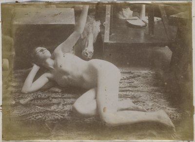 Studie av en kvinnlig nakenmodell, liggande på ett tigerskinn, i Jacques de Lalaings studio av Jacques Lalaing (attributed to)