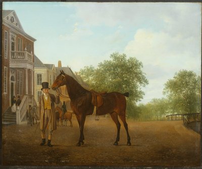 En gentleman som håller en sadelhäst på en gata vid en kanal av Jacques Laurent Agasse