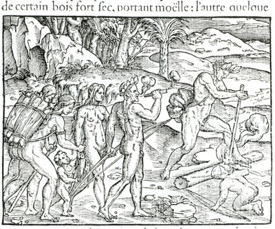 Indianer gör upp eld efter jakt, graverad av Theodor de Bry (1525-75) av Jacques Le Moyne