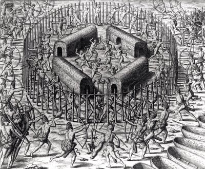 Johannes Staden hjälper till att försvara indianerna som fångade honom mot Tuppin Tkins, graverad av Theodore de Bry (1528-98), från 