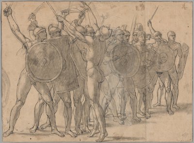 Nakna soldater som gestikulerar med sina vapen (recto); Två draperistudier för figuren Tatius (verso) av Jacques Louis David